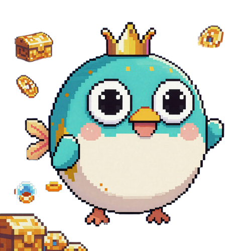 8-Bit Pixel-Art Pufferfisch-Maskottchen von Fugu Casino mit Goldschatullen und M&uuml;nzen im besten Online Casino Deutschlands